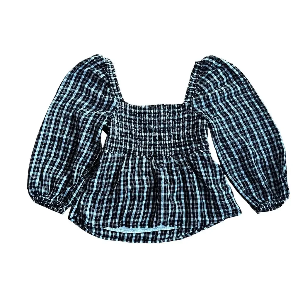 Abercrombie & Fitch Y2K Smocked B&W Gingham Square Neck Peplum Top Puff Sleeves